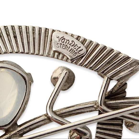 Vintage Van Dell Sterling Silver Heart Brooch Pin Faux Moonstone Blue Rhinestone - Picture 5 of 6